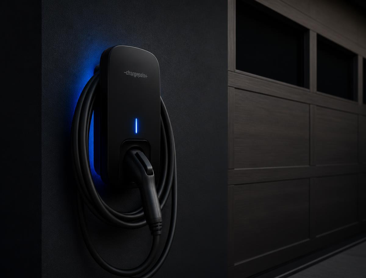 Wall-mounted residential Level 2 EV charger with charging cable