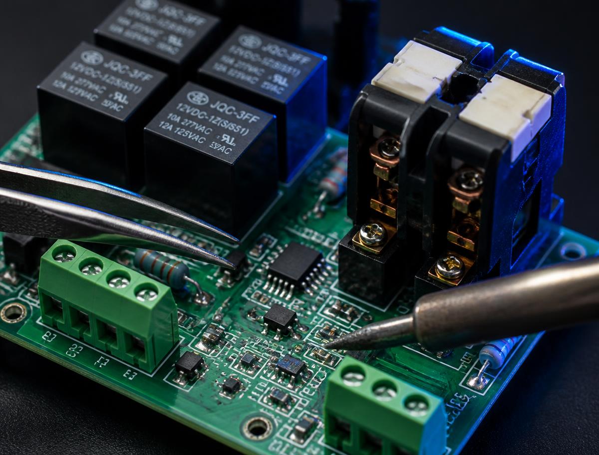 Close-up of relays and contactors on an EV charger printed circuit board